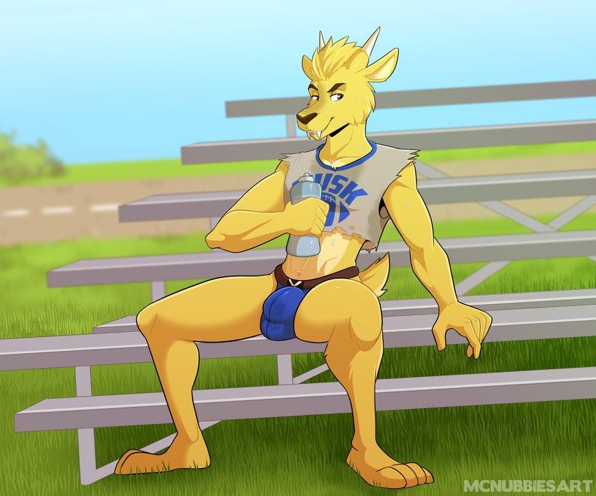 american_football anthro barefoot bleachers bodily_fluids bottle bulge clothing container crop_top fangs feet football_field fur horn jockstrap male midriff shirt sitting solo sport sweat teeth text text_on_clothing text_on_topwear topwear underwear water_bottle yellow_body yellow_fur mcnubbies dj_strap cervine deer mammal muntjac 6:5 absurd_res hi_res