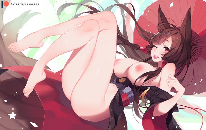 big_breasts breasts brown_hair butt feet female hair looking_at_viewer solo tongue tongue_out nanoless azur_lane akagi_(azur_lane) animal_humanoid canid canid_humanoid canine canine_humanoid fox_humanoid humanoid mammal mammal_humanoid