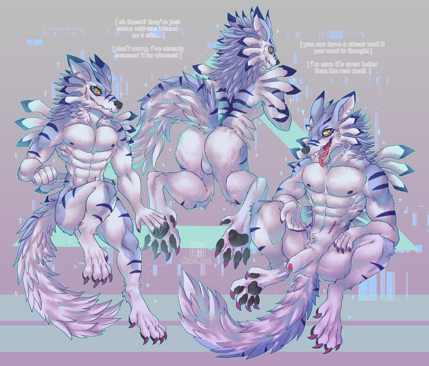 abs anthro balls butt claws ear_piercing fingers foreskin fur genitals humanoid_genitalia humanoid_penis male muscular nipples nude pecs penis piercing scar smile solo text tongue tongue_out 1oi conditional_dnp bandai_namco digimon canid canine digimon_(species) mammal weregarurumon absurd_res english_text hi_res