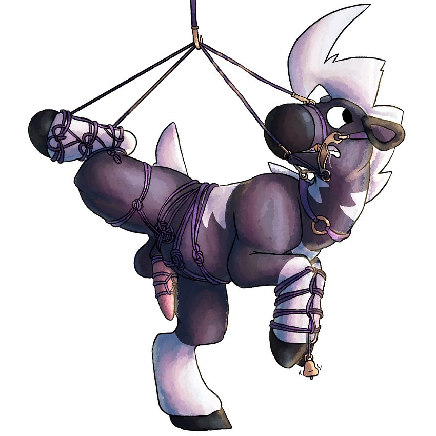 bdsm bell bondage bound feral halter horse_tack male questionable_consent restraints rope rope_bondage rope_harness simple_background solo suspension white_background wild_blitzle nintendo pokemon blitzle equid equine generation_5_pokemon mammal pokemon_(species) 1:1 hi_res