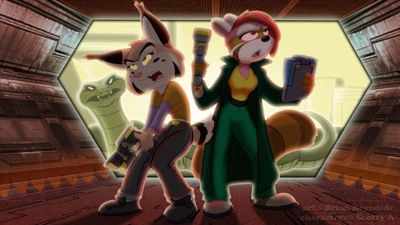 anthro duo_focus female group gun ranged_weapon science_fiction toony weapon brian_reynolds commander_kitty nin_wah opal_(toonfx) ailurid felid feline lynx mammal red_panda reptile scalie snake 16:9 widescreen