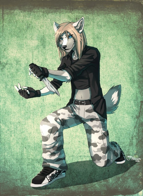 anthro clothed clothing female fingerless_gloves gloves handwear jewelry knife looking_at_viewer navel necklace simple_background smile solo hitmore koul_fardreamer canid canine mammal hi_res