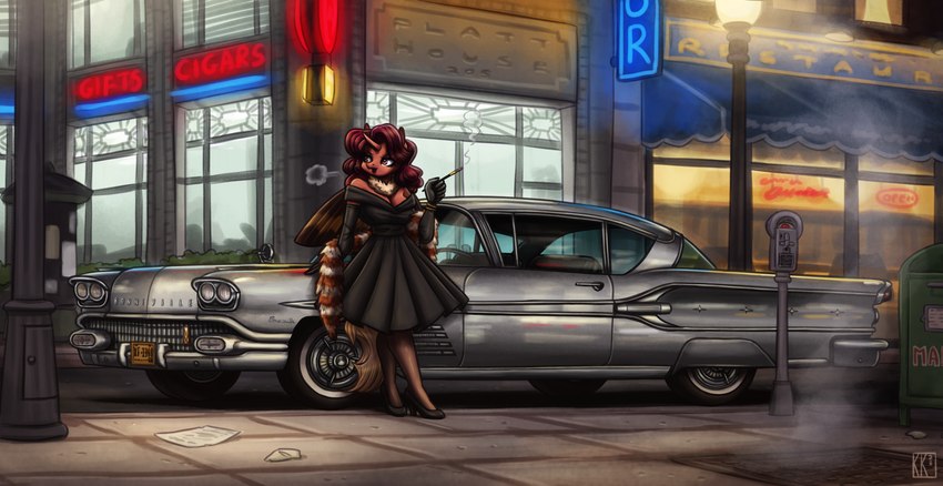 anthro black_clothing breasts building car cigarette_holder clothed clothing eyebrows eyelashes female footwear glistening hair high_heels horn insect_wings lepidopteran_wings long_hair motor_vehicle neck_tuft outside parking_meter red_eyes shoes solo tuft vehicle vintage_car wings king-kakapo friendship_is_magic general_motors hasbro my_little_pony pontiac fan_character flechette arthropod changeling equid equine mammal 2023 hi_res