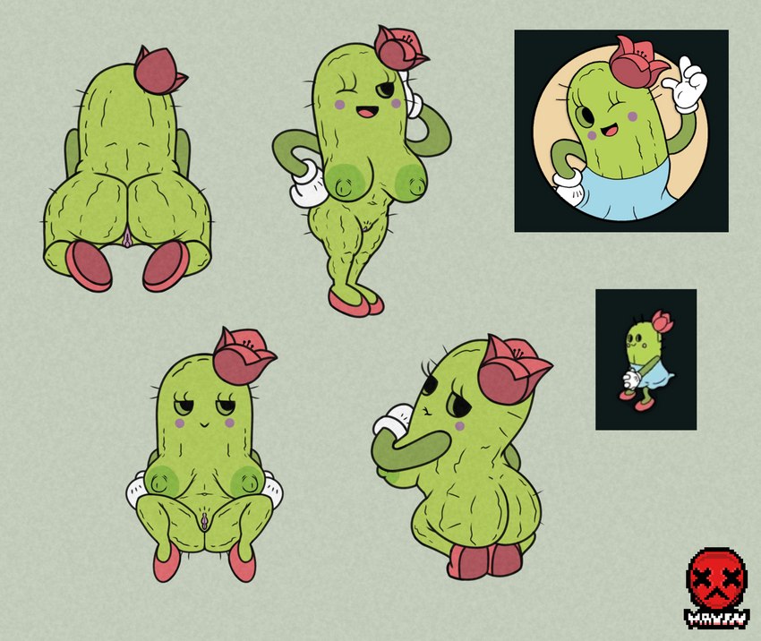 breasts cactus female medium_breasts nipples not_furry plant solo mayin cuphead_(game) cactus_girl_(cuphead) elemental_creature elemental_humanoid flora_fauna humanoid plant_humanoid hi_res