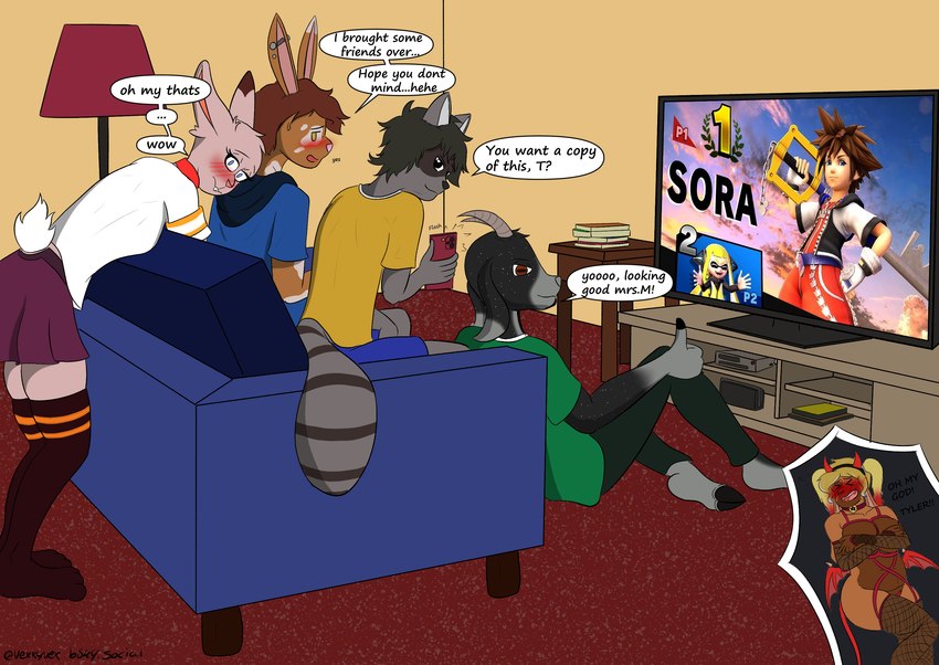 accident accidental_exposure anthro blushing_profusely breasts covering covering_breasts electronics embarrassed female floppy_ears furniture game_console gaming group implied_incest looking_at_viewer lop_ears male mature_female playing_video_game sofa switch_console taking_picture television text walk-in vexxyvex nintendo nintendo_switch super_smash_bros. mallory_(vexxyvex) tyler_(vexxyvex) bovid caprine goat lagomorph leporid mammal procyonid rabbit raccoon english_text hi_res mother_(lore) mother_and_child_(lore) mother_and_son_(lore) parent_(lore) parent_and_child_(lore) parent_and_son_(lore) son_(lore)