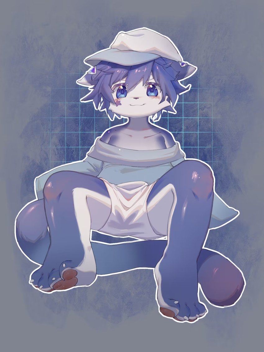 4_toes anthro barefoot biped blue_body blue_eyes clothing feet hat headgear headwear kemono looking_at_viewer male pawpads simple_background sitting solo star toes topwear young young_male ningning felid feline mammal 3:4 hi_res