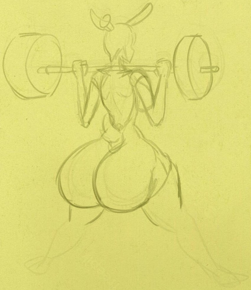 anthro big_breasts big_butt bodysuit breasts bubble_butt butt butt_pose clothing exercise female folds hair huge_butt ink ponytail pose rear_view short_hair simple_background skinsuit small_waist solo teasing thick_thighs tight_clothing weightlifting wide_hips workout kangy-roo siji_hawkeye lagomorph leporid mammal rabbit line_art monochrome sketch