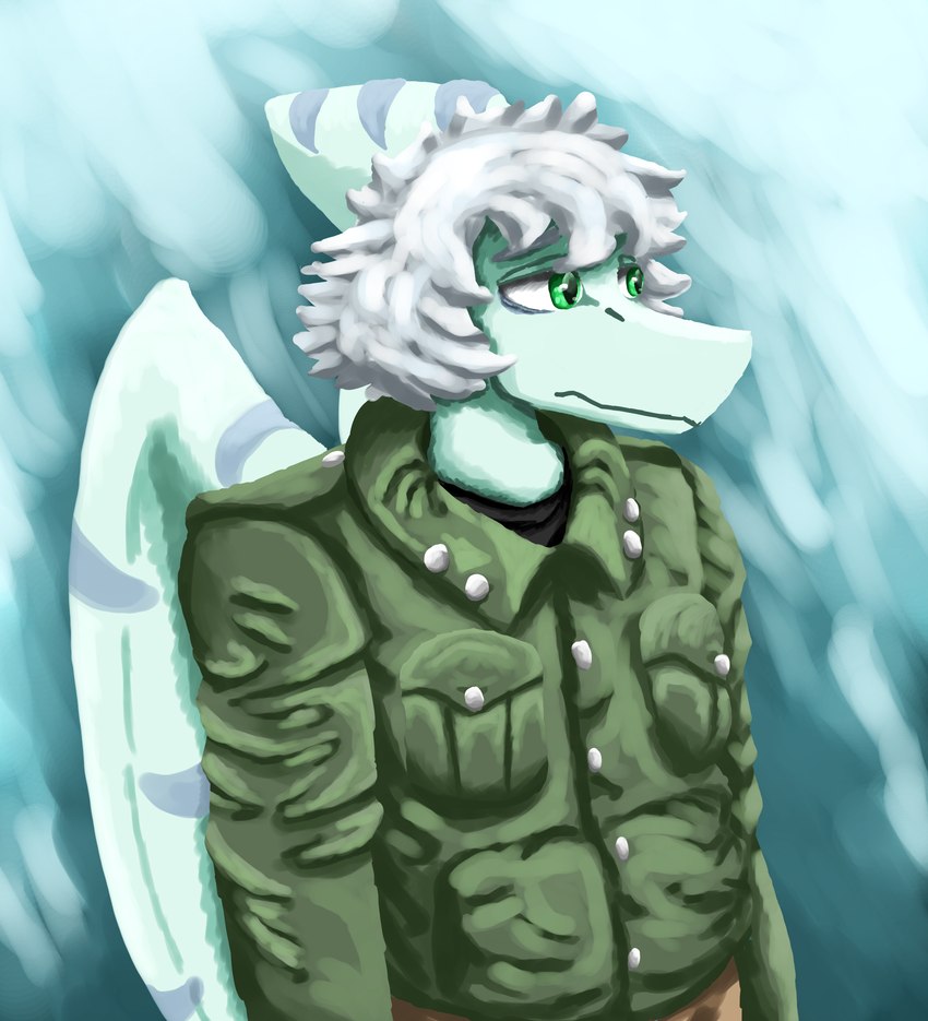 anthro biped black_clothing black_shirt black_topwear blue_background blue_body blue_scales bone_frill clothed clothed_anthro clothed_male clothing eyebrows frill_(anatomy) frown green_clothing green_eyes green_jacket green_topwear grey_hair hair jacket looking_aside male markings military_jacket scales shirt short_hair simple_background solo standing striped_markings stripes topwear wings tyenov cavemanon_studios snoot_game green_(snoot_game) prehistoric_species pterodactylus pterosaur reptile scalie 2024 colored half-length_portrait hi_res portrait