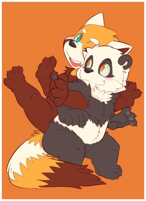 anthro blue_eyes duo fur male orange_background orange_eyes simple_background tail gazpacho tairu tavi ailurid bear giant_panda mammal red_panda hi_res