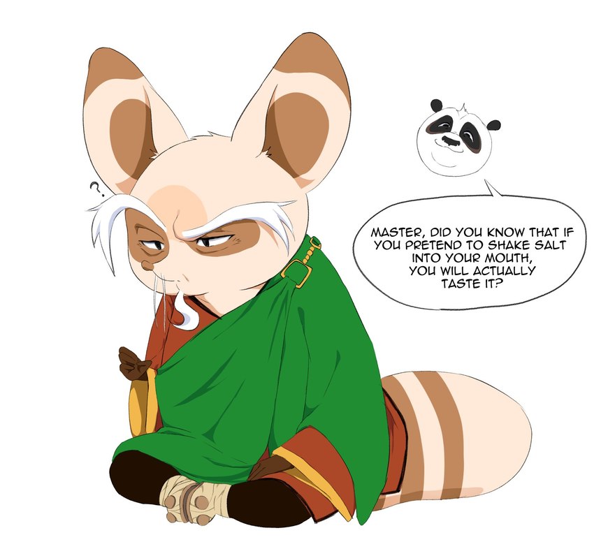 anthro clothing duo elderly elderly_male facial_hair humor male mustache prank robe smile text hypnokoo dreamworks kung_fu_panda master_po_ping master_shifu ailurid bear giant_panda mammal red_panda english_text hi_res