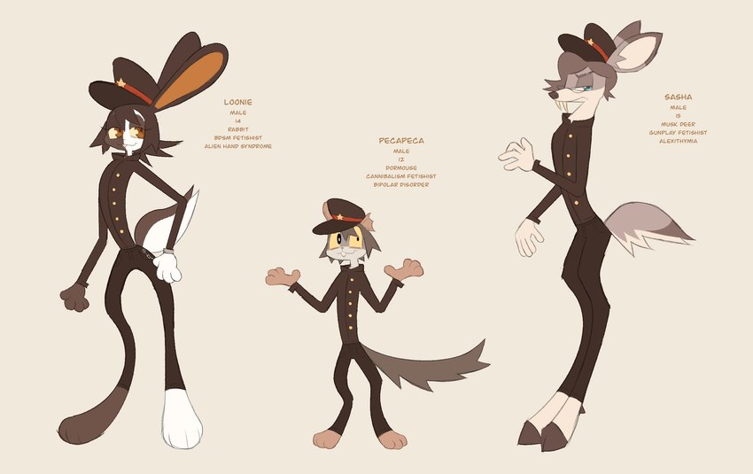 anthro biped brown_body brown_fur clothed clothing fangs fur group male standing teeth text trio uniform conditional_dnp labbit_(artist) deer dormouse lagomorph leporid mammal moschid musk_deer rabbit rodent english_text hi_res model_sheet