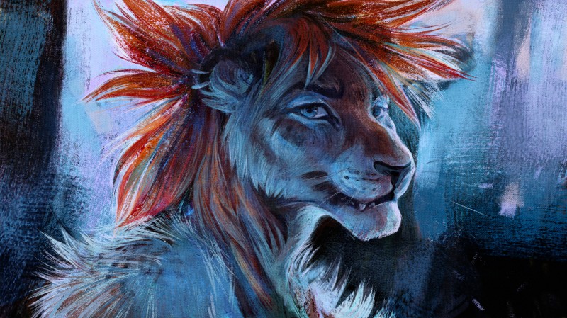 anthro clothed clothing fur hair looking_at_viewer male simple_background smile solo teeth topless hriscia fyacin felid lion mammal pantherine 2018 absurd_res digital_media_(artwork) hi_res