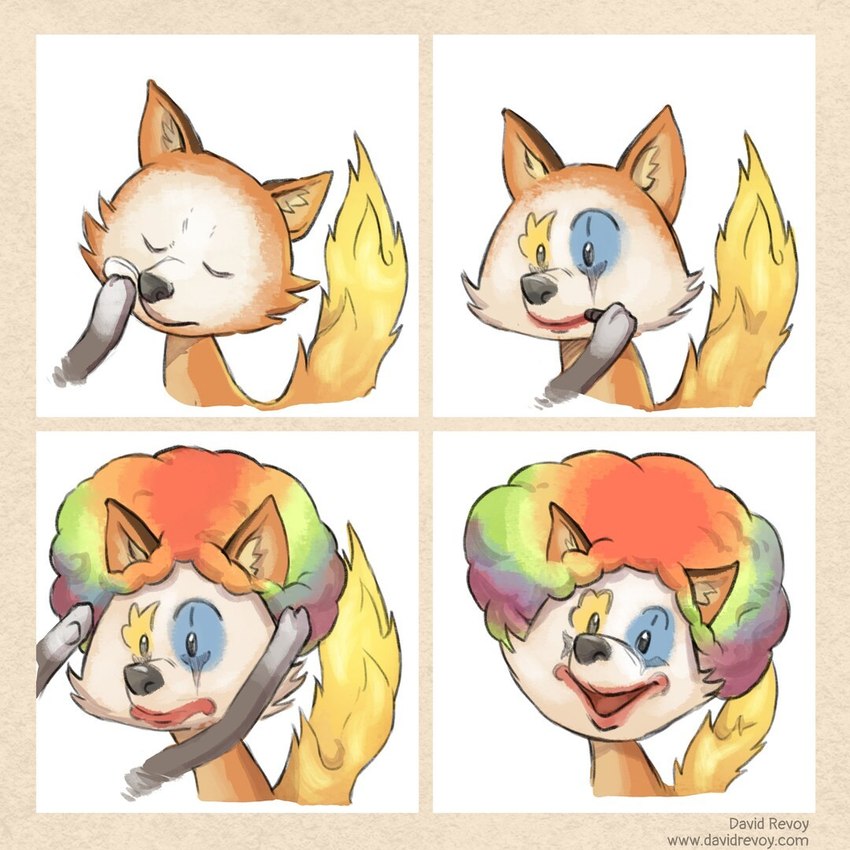 ambiguous_gender clown_makeup duo eyes_closed feral fur open_mouth open_smile smile solo tail wig david_revoy firefox mozilla putting_on_clown_makeup mozilla_firefox_(character) canid canine fox mammal 1:1 meme multiple_scenes