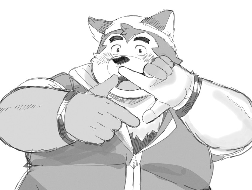 anthro belly big_belly blush clothing hoodie humanoid_hands kemono male overweight overweight_male simple_background solo topwear white_background sv_grart lifewonders live_a_hero mokdai canid canine canis domestic_dog mammal 2022 absurd_res hi_res monochrome