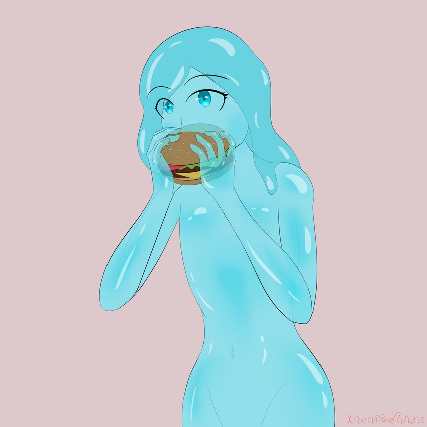 blue_eyes blue_slime burger eating femboy food looking_at_viewer male not_furry slime solo translucent translucent_body kawaiiredpandas goopy_(kawaiiredpandas) goo_creature humanoid 1:1 absurd_res hi_res