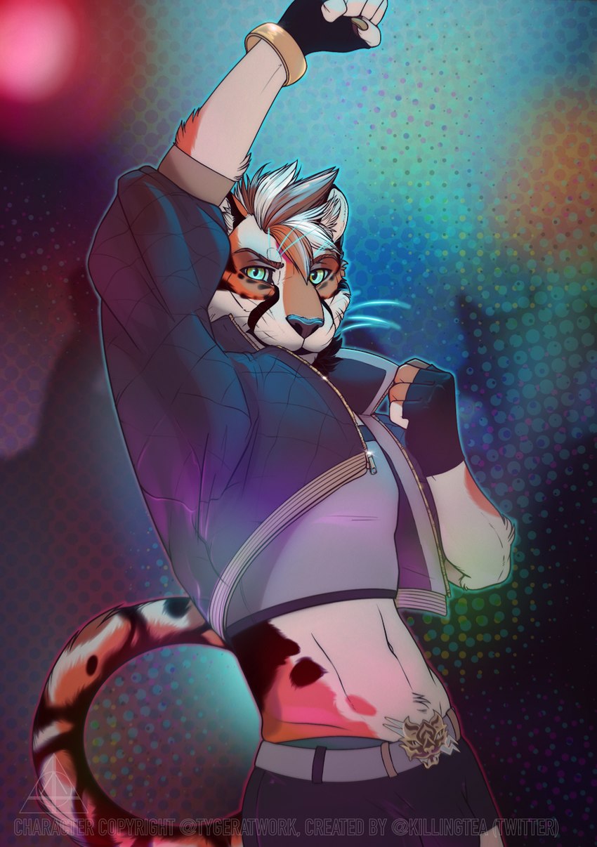 anthro clothed clothing cosplay dancing fur male simple_background solo killingtea kda cheetah domestic_cat felid feline felis mammal hi_res