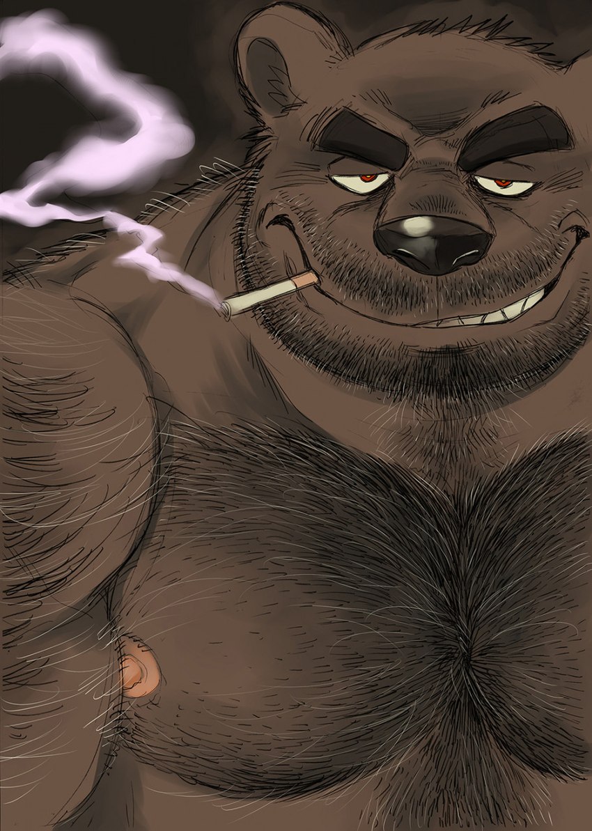 anthro cigarette cigarette_in_mouth elderly evil_grin grey_hair hair hairy male muscular muscular_male object_in_mouth red_eyes smile smoke solo zisak bear mammal hi_res