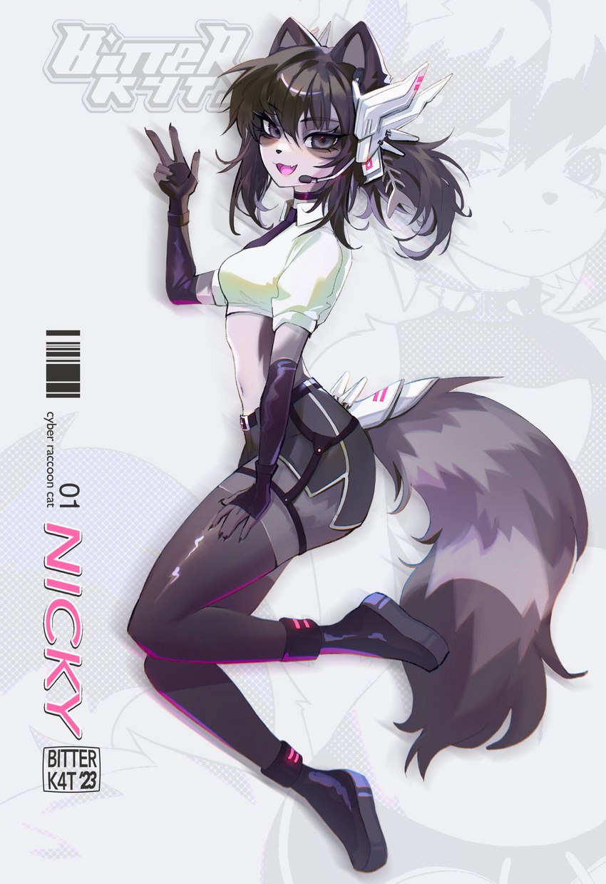 aegyo_sal anthro black_hair black_hotpants bottomwear breasts clothed clothing dolphin_shorts electronics female fishbone fully_clothed fully_clothed_anthro fully_clothed_female grey_tail hair headgear headphones headset kemono legwear looking_at_viewer markings midriff navel open_mouth open_smile shorts side_view smile solo striped_markings striped_tail stripes tail tail_markings thigh_highs bitterk4t nicky_(bitterk4t) domestic_cat felid feline felis hybrid mammal procyonid raccoon 2023 digital_drawing_(artwork) digital_media_(artwork) hi_res