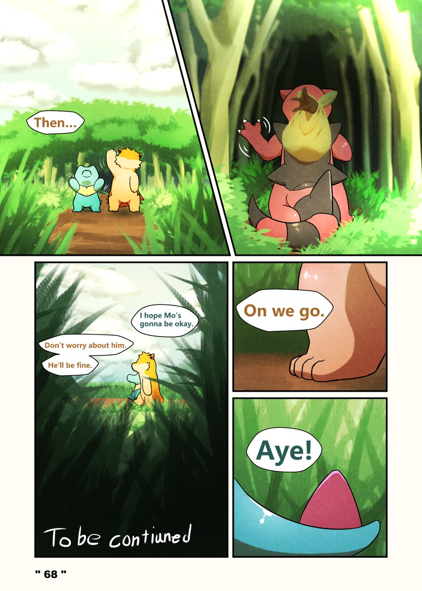 dialogue forest male plant speech_bubble text tree darrow0 nintendo pokemon mo_(darrow) pol_(darrow) yuel generation_2_pokemon generation_5_pokemon krookodile pokemon_(species) quilava totodile comic english_text hi_res