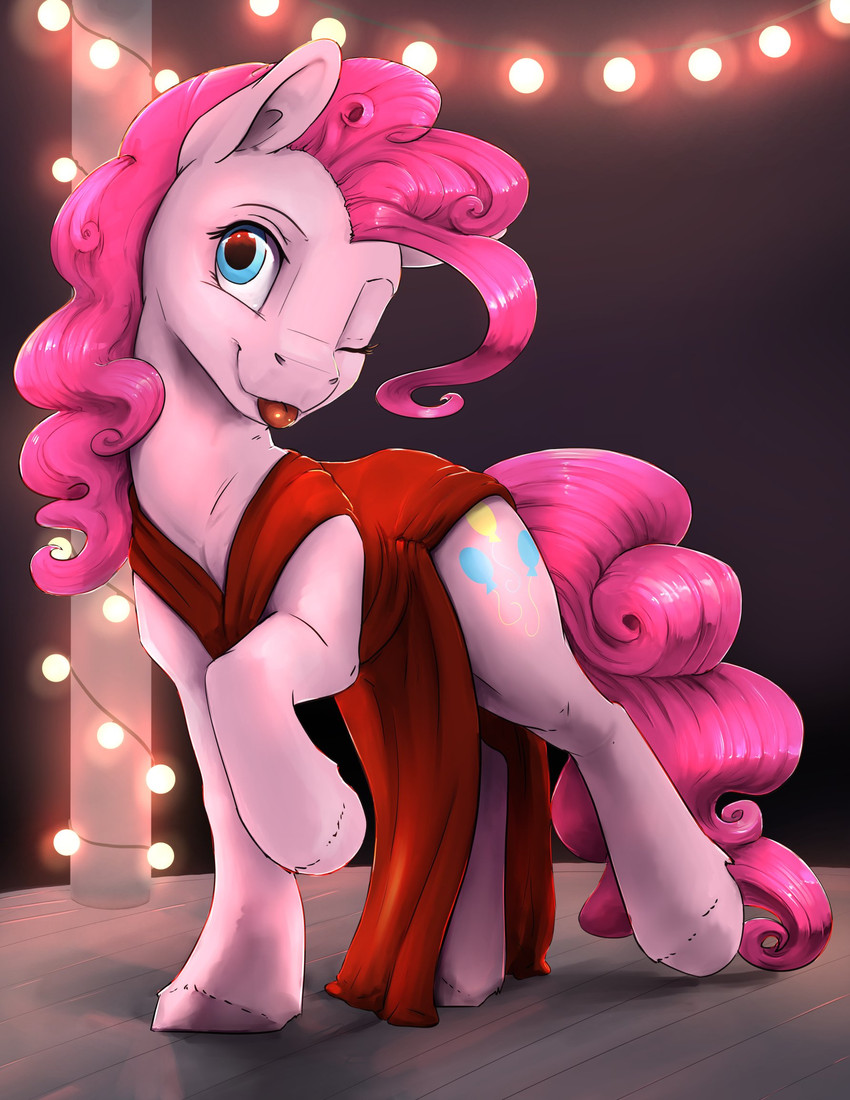 blep clothed clothing dress female feral lights looking_at_viewer one_eye_closed red_clothing red_dress solo tongue tongue_out wink silfoe friendship_is_magic hasbro my_little_pony pinkie_pie_(mlp) equid equine horse mammal pony hi_res