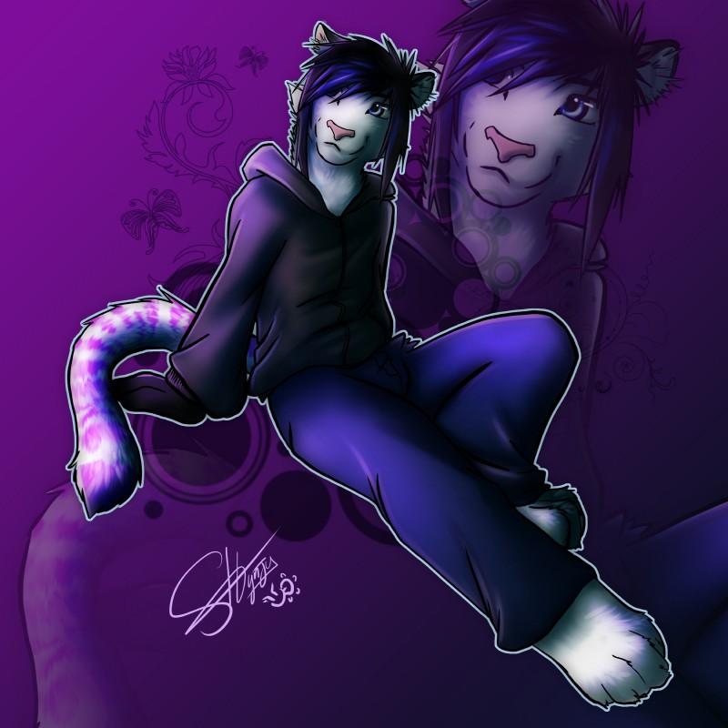 anthro blowup_background blue_eyes blue_hair bottomwear clothed clothing denim denim_bottomwear denim_clothing feet fully_clothed fur gloves hair handwear hindpaw hoodie inner_ear_fluff jeans male pants paws pink_nose purple_background purple_body purple_hair simple_background smile solo stripes tail topwear tuft shynjy logic_kennedy arthropod butterfly felid insect lepidopteran mammal pantherine tiger 1:1 absurd_res hi_res purple_theme signature