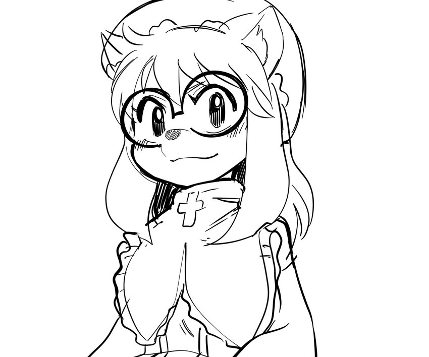 anthro blush clothing eyewear female female_anthro glasses hair hat headgear headwear kemono looking_at_viewer simple_background sitting solo white_background oposa hunter_x_hunter cheadle_yorkshire canid canine canis domestic_dog mammal 2021 hi_res monochrome sketch