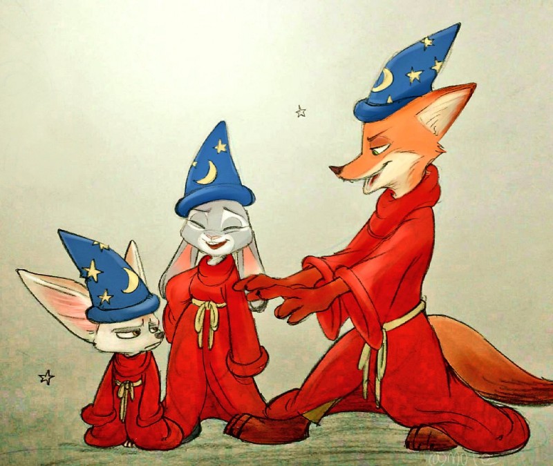 finnick, judy hopps, and nick wilde (the sorcerer's apprentice and etc) created by mortic ox