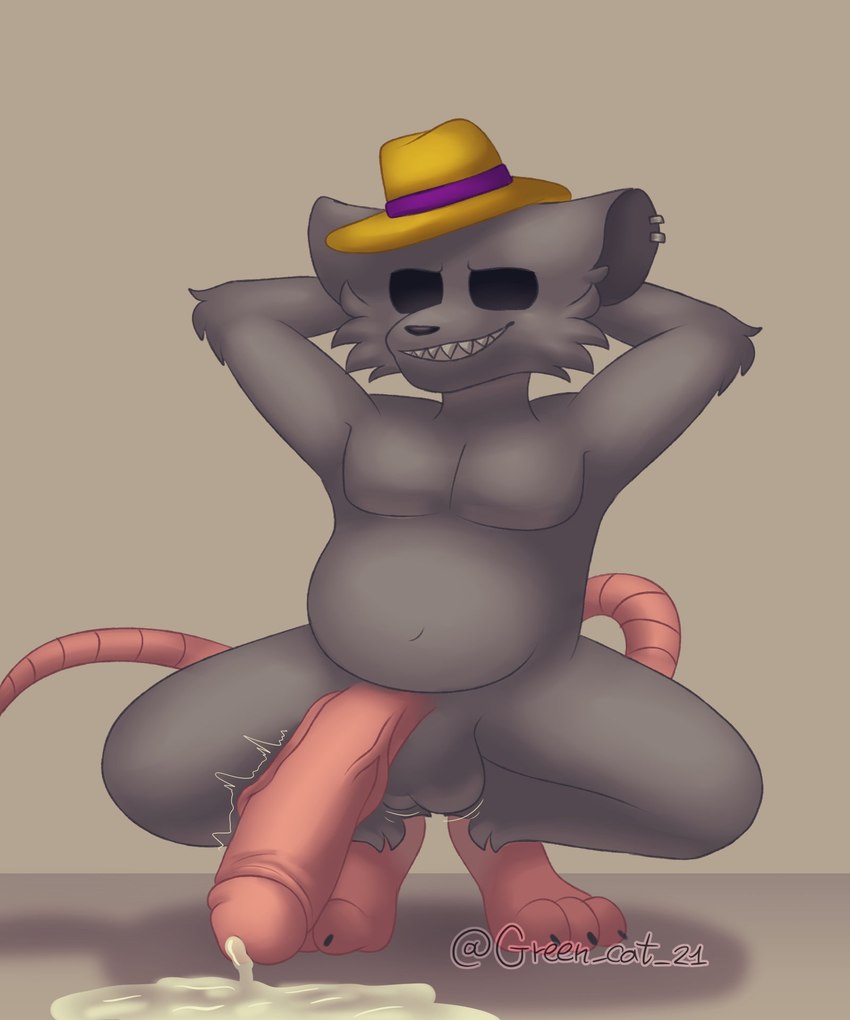 anthro balls belly_overhang big_penis black_eyes bodily_fluids claws clothing crouching cum ear_piercing ear_tag ejaculation fedora feet fur genital_fluids genitals grey_body grey_fur hands-free hands_behind_head hat headgear headwear huge_penis leaking_cum male no_pupils pecs penis piercing pink_feet pink_penis pink_tail sharp_teeth slightly_chubby slightly_chubby_male solo tail teeth toe_claws toes vein veiny_penis yellow_fedora green_cat_21 d-rat mammal murid murine rat rodent 5:6 hi_res