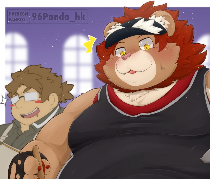 anthro belly big_belly blush bodily_fluids clothing drooling duo humanoid_hands kemono male overweight overweight_male saliva shirt sweat topwear 96panda lifewonders tokyo_afterschool_summoners licht_(tas) vapula_(tas) felid human lion mammal pantherine 2022 hi_res