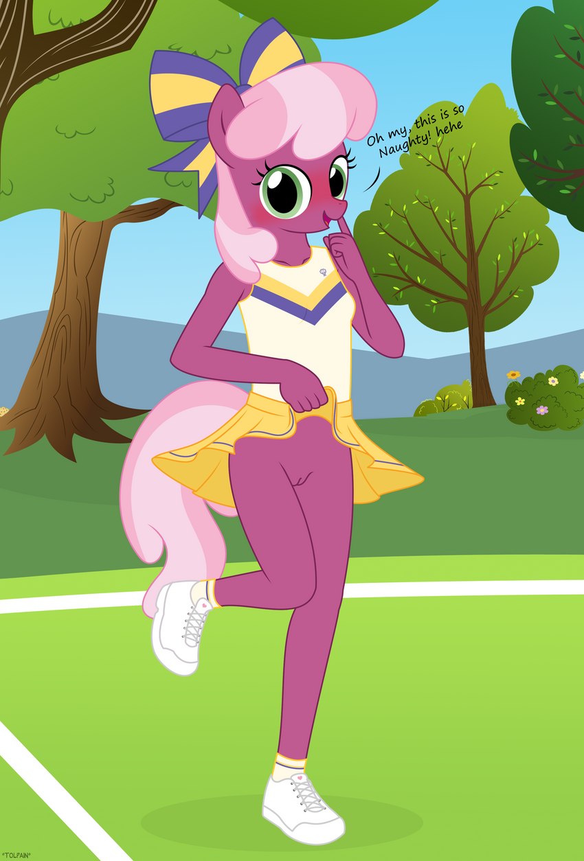 anthro blush cheerleader clothed clothing dialogue female genitals looking_at_viewer pussy solo talking_to_viewer text upskirt young young_anthro tolpain friendship_is_magic hasbro my_little_pony cheerilee_(mlp) earth_pony equid equine horse mammal pony absurd_res english_text hi_res