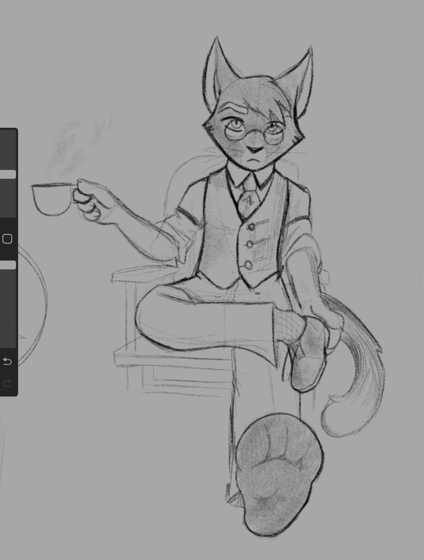 anthro clothing coffee_mug eyewear fancy_clothing feet foot_fetish foot_focus footwear glasses male shoes socks solo taking_off_shoes 2steponya lackadaisy mordecai_heller domestic_cat felid feline felis mammal hi_res monochrome sketch