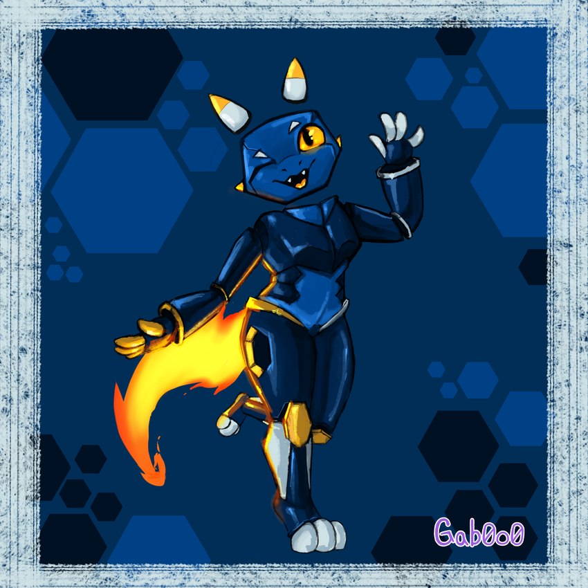 anthro female fire machine mascot simple_background solo yellow_eyes gab0o0 e621 esix kobold reptile robot robot_anthro scalie 1:1 absurd_res hi_res