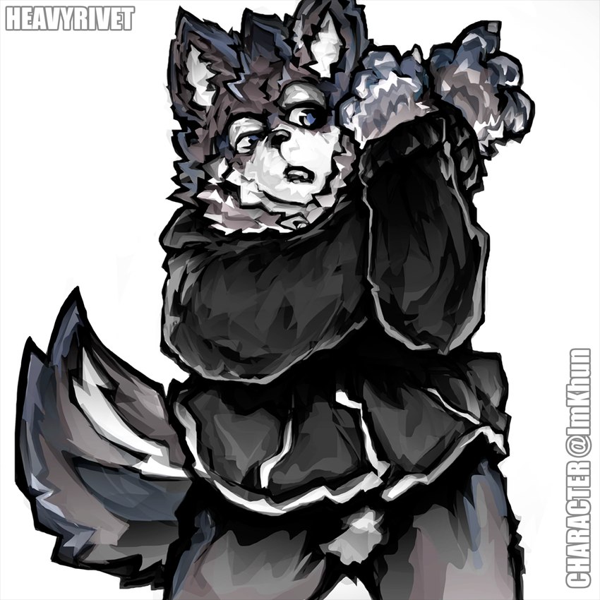 4_fingers anthro blue_eyes bottomless claw_fingers clothed clothing fingers fur grey_body grey_fur male running_jacket solo stretching_arms sweater topwear heavyrivet canid canine canis domestic_dog husky mammal nordic_sled_dog spitz wolf 1:1 hi_res