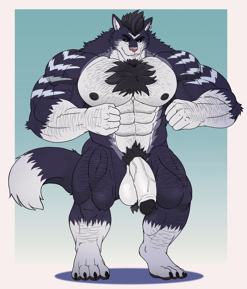 4_toes 5_fingers anthro ball_tuft balls barefoot beard big_balls big_muscles big_penis black_claws black_glans black_hair black_nipples black_pawpads black_sclera blue_body blue_fur body_hair chest_hair claws ear_piercing ear_ring eyebrows facial_hair feet fingers flaccid foreskin fur genitals glans goatee green_eyes hair hairy huge_muscles humanoid_genitalia humanoid_hands humanoid_penis male muscular muscular_anthro muscular_male nipples nude pawpads penis piercing pink_nose plantigrade pubes retracted_foreskin ring_piercing simple_background solo standing striped_body striped_fur stripes thick_eyebrows toes tuft vein veiny_muscles veiny_penis white_body white_fur white_penis flasker zekken canid canine canis domestic_dog husky mammal nordic_sled_dog spitz 2020 hi_res