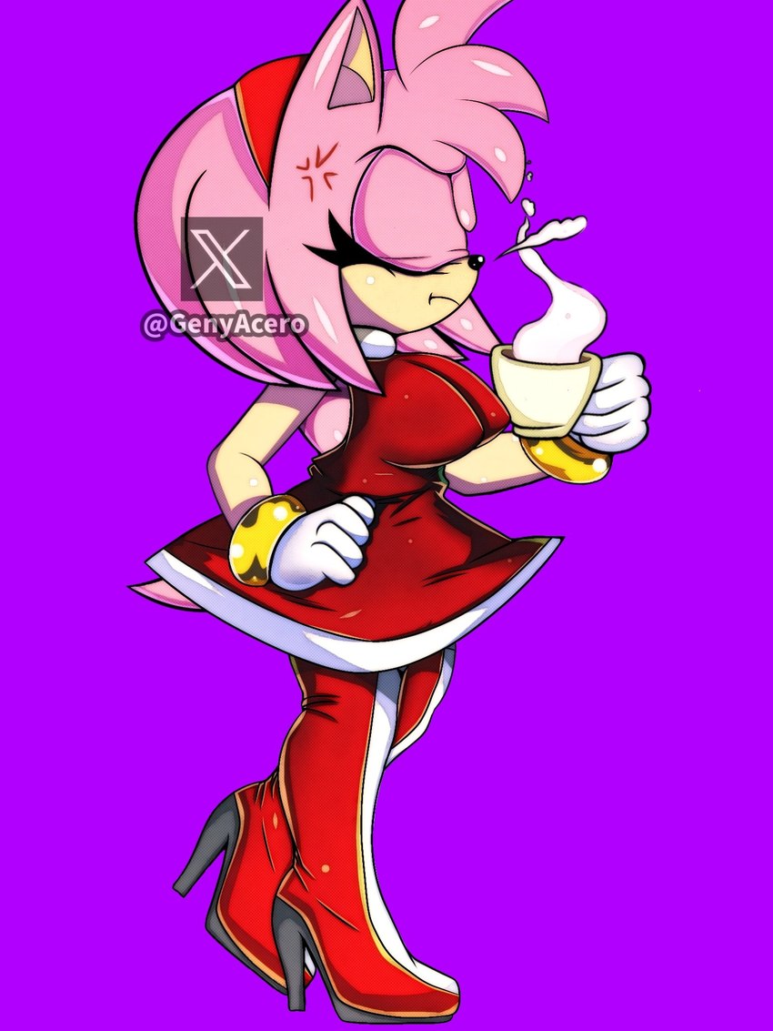 accessory annoyed anthro big_breasts boots bracelet breasts clothing container cross-popping_vein cup dress eyes_closed female footwear fur gloves hair_accessory hairband handwear high_heeled_boots high_heels hot_drink jewelry legwear mug pink_body pink_fur shoes solo steam tail thigh_boots thigh_highs genyacero sega sonic_the_hedgehog_(series) amy_rose eulipotyphlan hedgehog mammal 2024 3:4 distracting_watermark hi_res watermark