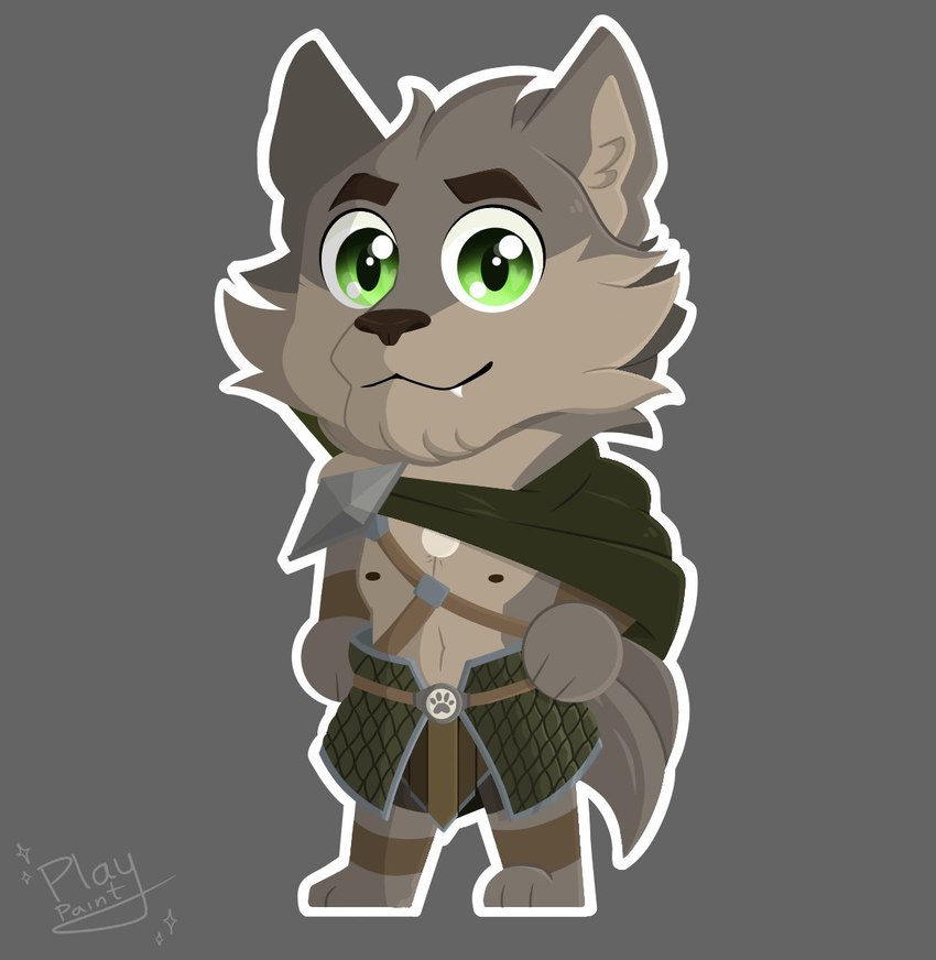 anthro armor cheek_tuft chibi clothed clothing facial_tuft fangs fur green_eyes head_tuft leather leather_strap male multicolored_body multicolored_fur nipples partially_clothed simple_background solo straps teeth tuft two_tone_body two_tone_fur play_paint far_beyond_the_world_(series) ranok_(far_beyond_the_world) canid canine canis mammal wolf hi_res