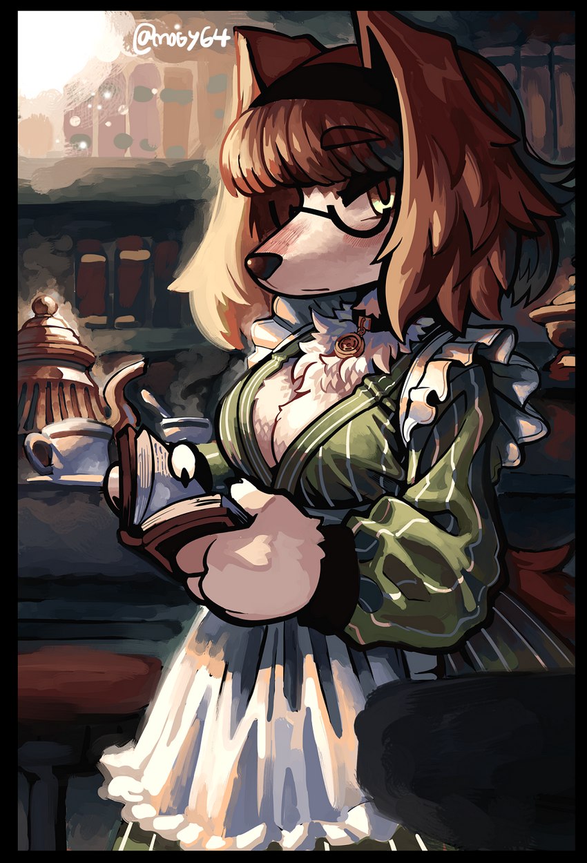 anthro black_border blush book border breasts brown_body brown_fur brown_hair brown_nose cleavage clothed clothing eyewear female female_anthro floppy_ears fluffy fur glasses hair holding_object kemono library looking_at_viewer multicolored_body multicolored_fur solo two_tone_body two_tone_fur wearing_glasses white_body white_fur mogy64 krea canid canine canis domestic_dog mammal 2022 digital_media_(artwork) hi_res