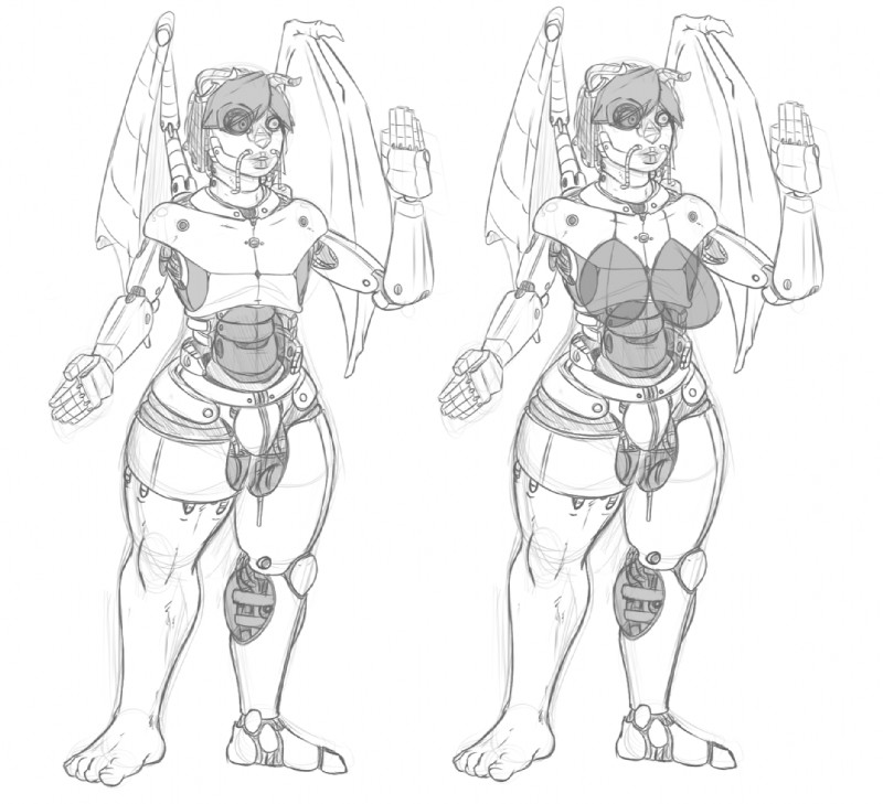 breasts duo featureless_breasts female machine male solo standing wide_hips wings dannyg robot greyscale monochrome sketch