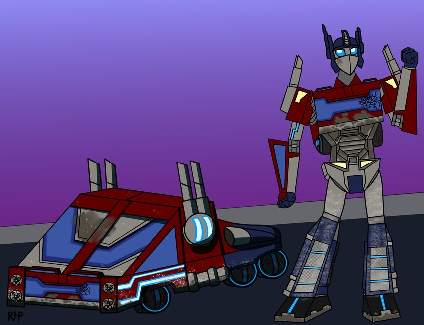 blue_sclera cybertron fist machine male metallic_body simple_background standing truck_(vehicle) vehicle wheel white_eyes rhpenguin hasbro takara_tomy transformers optimus_prime robot absurd_res cel_shading digital_drawing_(artwork) digital_media_(artwork) hi_res shaded