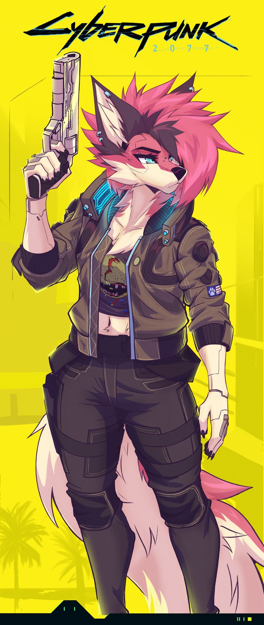 5_fingers anthro blue_eyes bottomwear clothing cyberpunk emblem female fingers fist fur gun holding_object holding_weapon jacket midriff multicolored_body multicolored_fur pants ranged_weapon solo streetwear techwear text title topwear undercut weapon potatokamaos cd_projekt_red cyberpunk_2077 v_(cyberpunk_2077) canid canine fox mammal 2023 absurd_res digital_media_(artwork) english_text hi_res