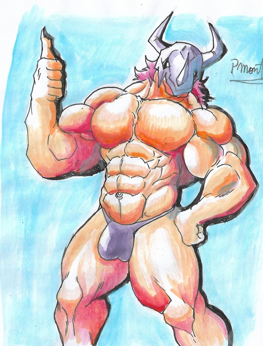 abs anthro armor barazoku biceps bottomwear bulge claws clothing finger_claws genitals hair headgear helmet horn male muscular muscular_anthro muscular_male nipples orange_body pecs simple_background solo tight_bottomwear tight_clothing underwear pinumontbalou bandai_namco digimon digimon_(species) wargreymon hi_res