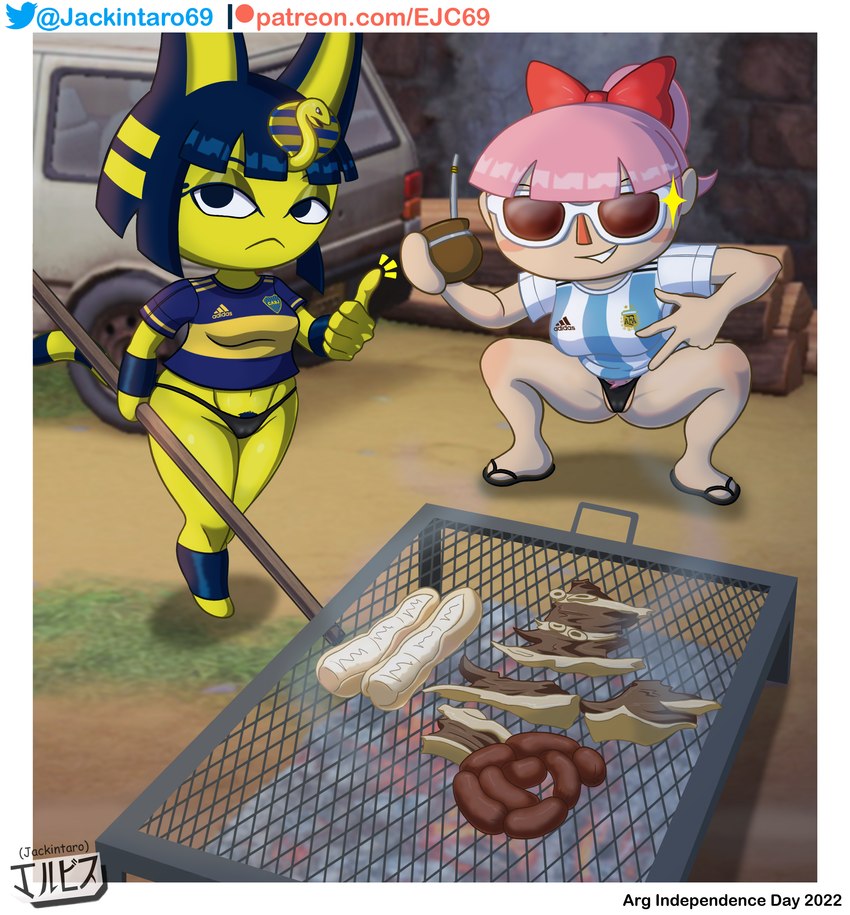 anthro blue_hair bow_ribbon clothed clothing duo egyptian eyewear female food fur gesture glasses grill hair hand_gesture looking_at_viewer mate_(beverage) meat outside pink_hair ponytail shirt smile soccer_uniform sportswear text thumbs_up topwear uniform yellow_body jackintaro animal_crossing boca_juniors independence_day_(argentina) nintendo ankha_(animal_crossing) villager_(animal_crossing) domestic_cat felid feline felis human mammal absurd_res digital_media_(artwork) hi_res meme url