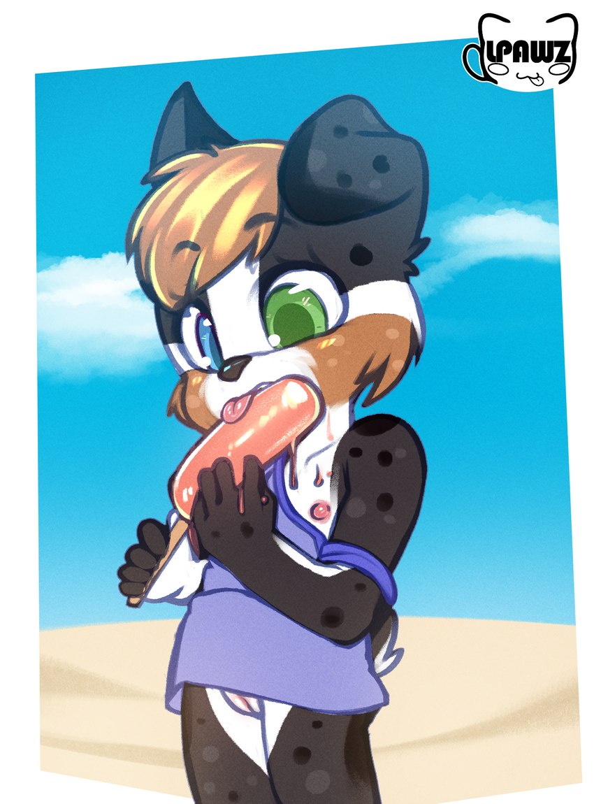 aged_down anthro beach black_body black_fur blue_eyes bottomless brown_hair clothed clothing female flat_chested food fur genitals green_eyes hair heterochromia innie_pussy licking nipples popsicle public public_exposure pussy seaside solo tongue tongue_out wardrobe_malfunction young young_anthro young_female conditional_dnp lpawz juno_clark australian_shepherd canid canine canis domestic_dog herding_dog mammal pastoral_dog sheepdog hi_res