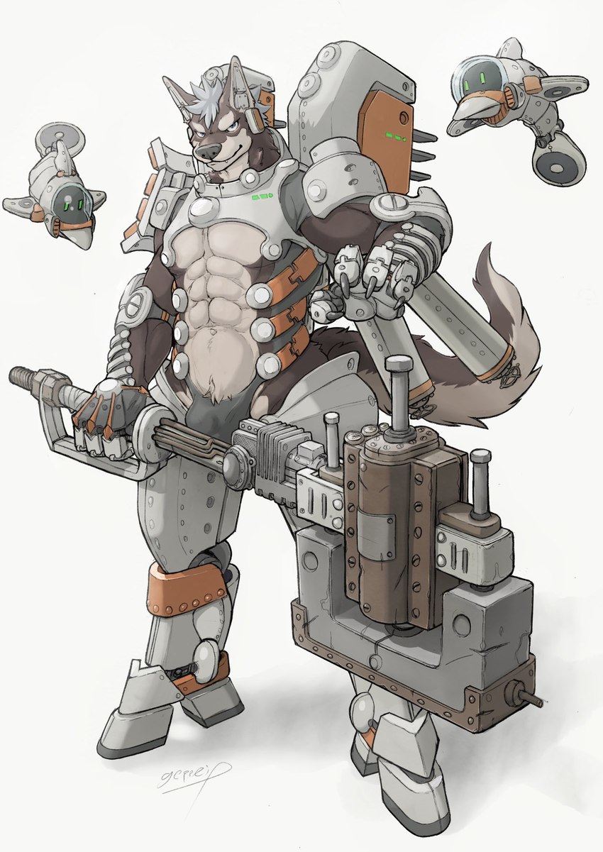 abs anthro anti-gravity armor armored_gloves bulge clothing cybernetics drone_(vehicle) exosuit gloves grey_clothing grey_hair grey_underwear hair hammer handwear holding_hammer holding_object holding_tool kemono machine male maul mechanical_wings muscular muscular_anthro muscular_male pecs simple_background smile solo standing tools underwear white_background geppei5959 canid canine mammal robot full-length_portrait hi_res portrait