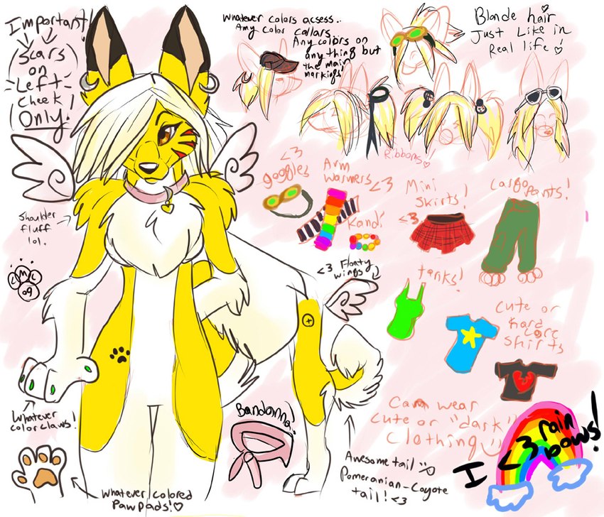 anthro arm_warmers armwear blonde_hair bottomwear cargo_pants chibi_wings clothing collar curl_tail female footprint fur hair kerchief pants pawpads pawprint pawprint_tattoo paws ponytail rainbow ribbons shirt solo tank_top tattoo text topwear white_body white_fur yellow_body blondefoxy lucky_(blondefoxy) lucky_coyote canid canine canis coyote mammal 2009 english_text model_sheet