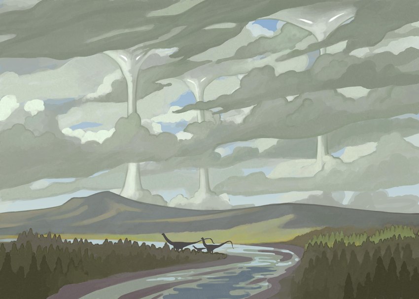 ambiguous_gender cloud day feral group hill landscape mountain outside plant river size_difference sky surrealism tornado tree trio john_conway air_creature animate_inanimate brontosaurus dinosaur diplodocid elemental_creature living_tornado prehistoric_species reptile sauropod sauropodomorph scalie 2018 digital_media_(artwork) hi_res procreate_(artwork)