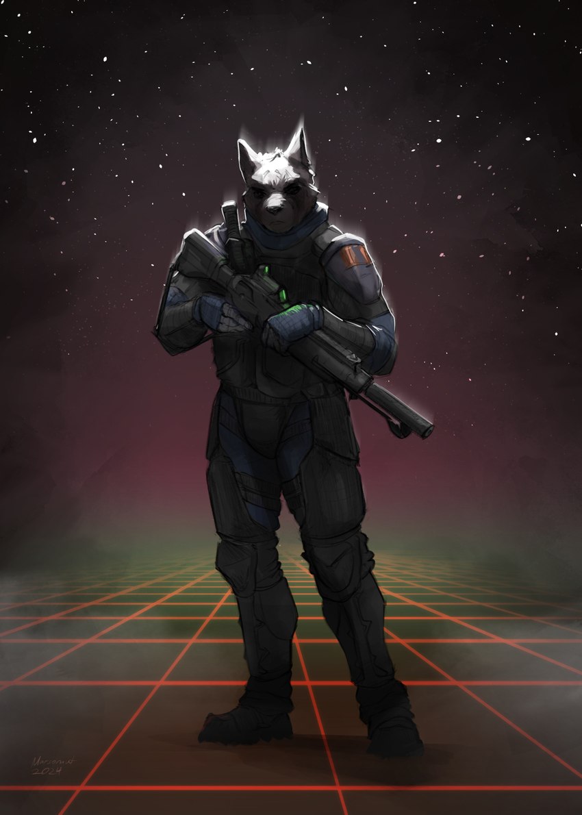 anthro armor body_armor dark_face geometric_background grid_background gun holographic_sight knife looking_at_viewer male military pattern_background ranged_weapon rifle shoulder_pads silencer simple_background soldier solo special_forces star warrior weapon marsonaut canid canine canis mammal wolf 2024 hi_res