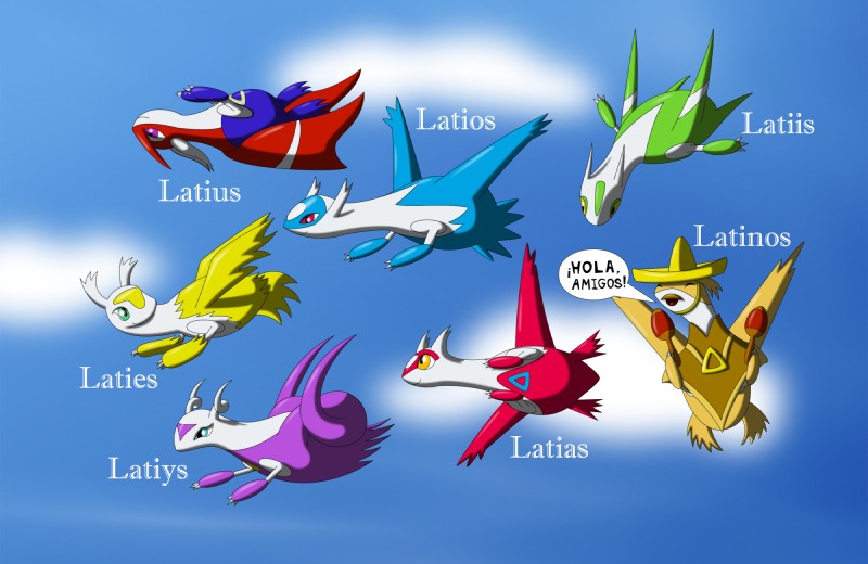 ambiguous_gender blue_eyes clothing cloud dialogue eon_duo eyes_closed feral flying green_eyes group hat headgear headwear humor legendary_duo maraca musical_instrument percussion_instrument purple_eyes red_eyes simple_background sky sombrero text yellow_eyes johnbrain93 fakemon nintendo pokemon generation_3_pokemon latias latios legendary_pokemon pokemon_(species) hi_res spanish_text translated