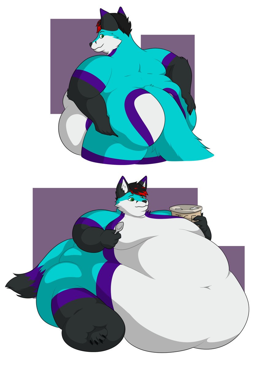 4_toes 5_fingers anthro back_fat belly bent_arm big_belly big_butt big_moobs black_claws black_eyebrows black_hair black_nose black_tail_tip blue_body blue_fur blue_tail butt butt_grab butt_squish cheek_tuft claws closed_smile cutlery dessert dipstick_ears dipstick_tail ear_markings eyebrows facial_tuft feet fingers flabby_arms flabby_legs fluffy fluffy_tail food fur green_eyes hair hand_on_butt holding_food holding_object holding_spoon huge_belly ice_cream ice_cream_tub kitchen_utensils male markings moobs mouth_closed multicolored_body multicolored_ears multicolored_fur multicolored_hair multicolored_tail nude obese obese_anthro obese_male overweight overweight_anthro overweight_male purple_body purple_ear_tips purple_fur purple_tail rear_view red_hair short_hair simple_background sitting smile solo spoon square squish standing tail tail_between_buttocks tail_markings text toe_claws toes tools tuft two_tone_hair weight_gain white_background white_body white_fur white_inner_ear theannoyingnpc dj_(djwholemilk) canid canine fox mammal 2021 absurd_res colored digital_drawing_(artwork) digital_media_(artwork) english_text hi_res sequence shaded simple_shading