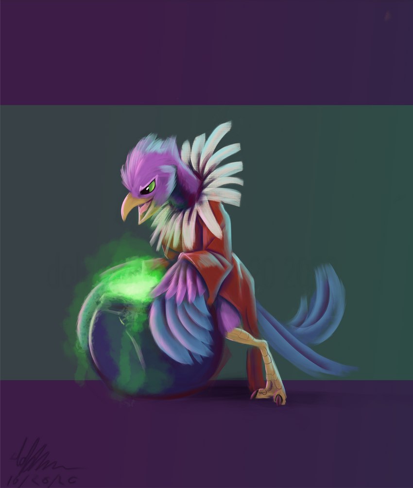 anthro avian_feet beak biped blue_body cauldron clothing costume feathered_crest feathered_wings feathers green_eyes head_crest male pink_body scarf solo tail tail_feathers winged_arms wings phinja the_dark_crystal gyro_feather avian bird galliform peafowl phasianid skeksis hi_res